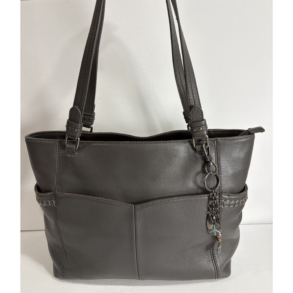 The Sak Sequoia Gray Leather Double Strap Shoulder Handbag Peace Charm